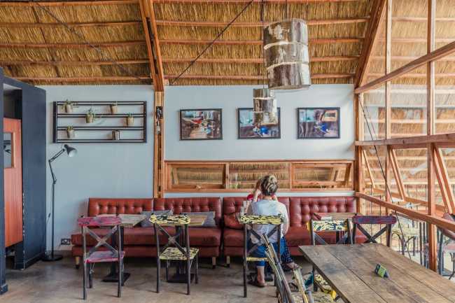 Wooden restaurant with sloping roof