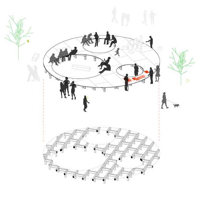 Esploso di un palco in legno in uno spazio urbano