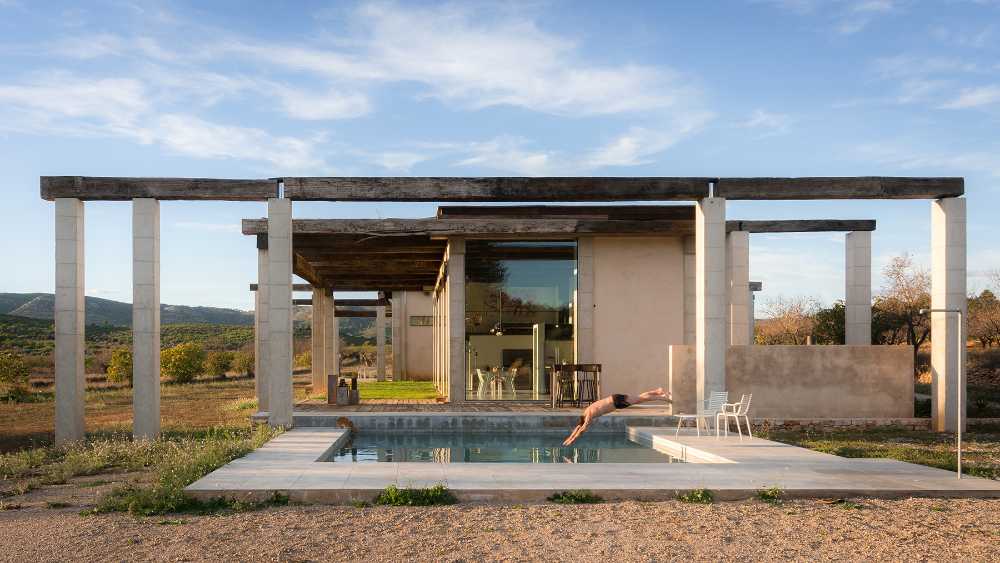 wooden beams and concrete pillars pool