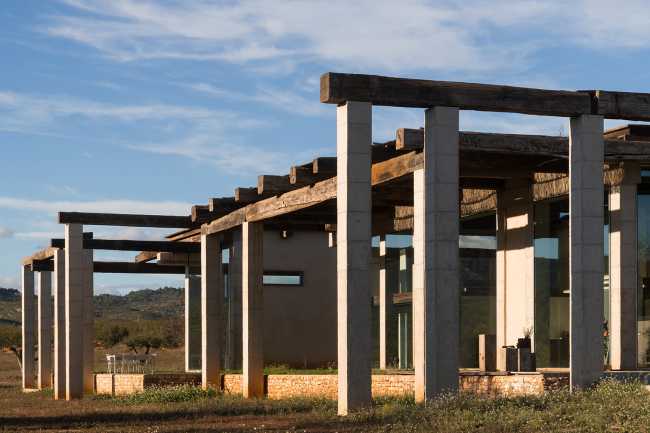 external pillars cement wooden beams