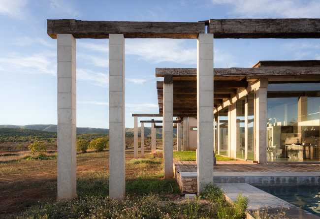 outdoor porch pillars concrete beams wood pool