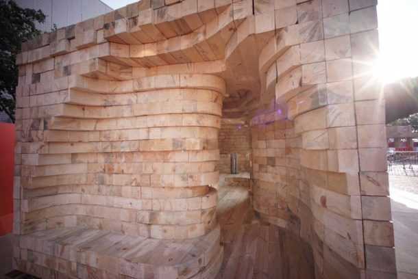 Internal wooden sauna with curvilinear shapes