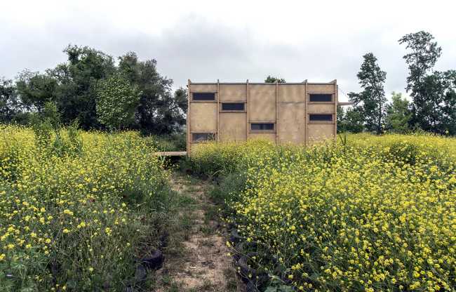 Cabina in legno in un prato