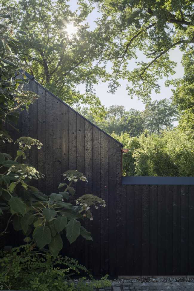 Maison avec façade en bois brûlé au milieu de la nature