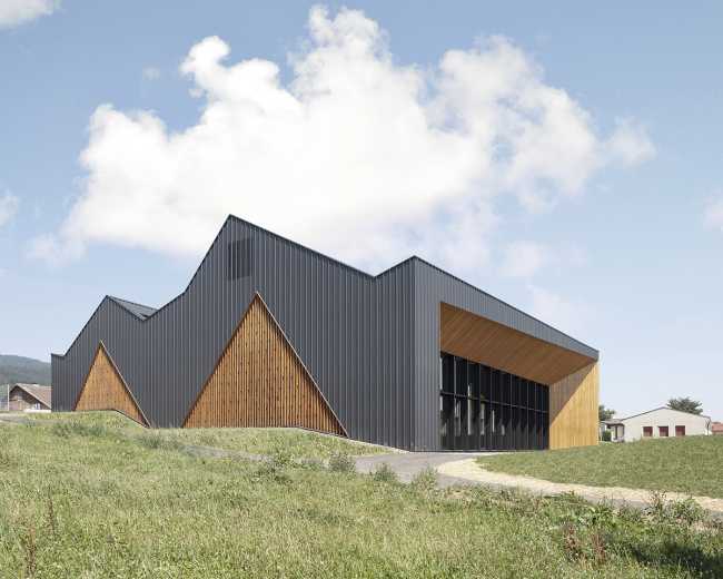 Centro de madera multifuncional con geometrías triangulares