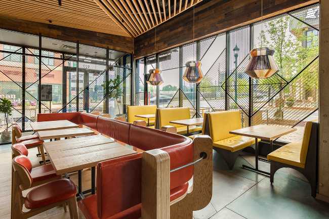 Interior yellow and red restaurant