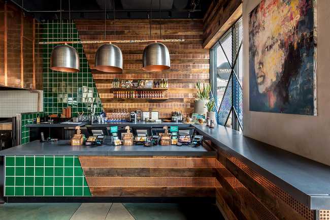 Restaurant counter wood copper and tiles