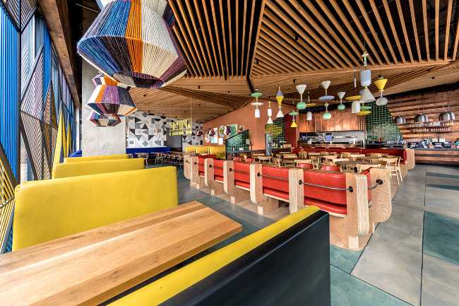 Restaurant inside colored yellow and red