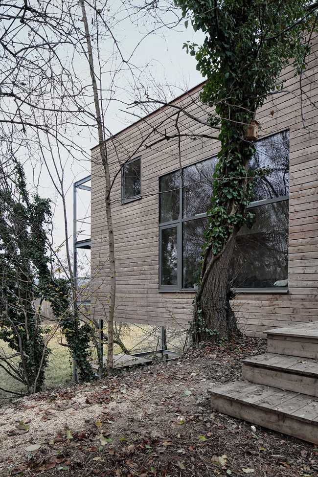 Casa tra gli alberi sospesa su una struttura in acciaio