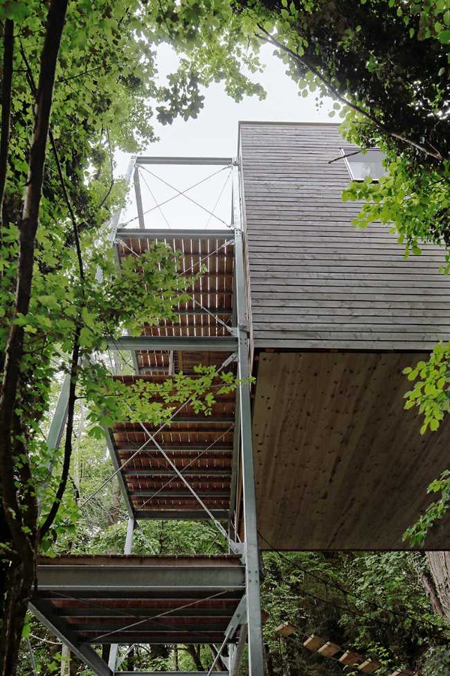 Casa tra gli alberi sospesa su una struttura in acciaio
