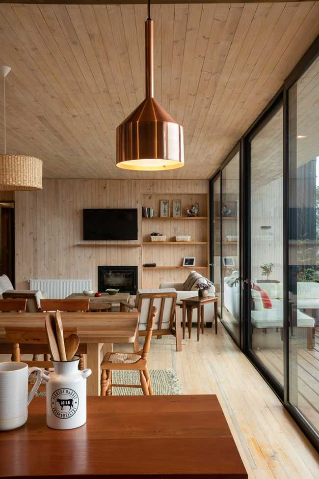 Wooden living room with chandelier