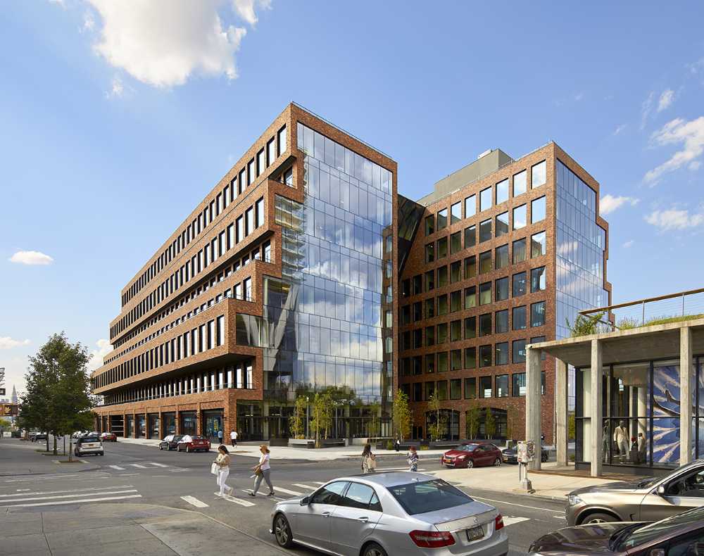 New York brick office building and glass terrace