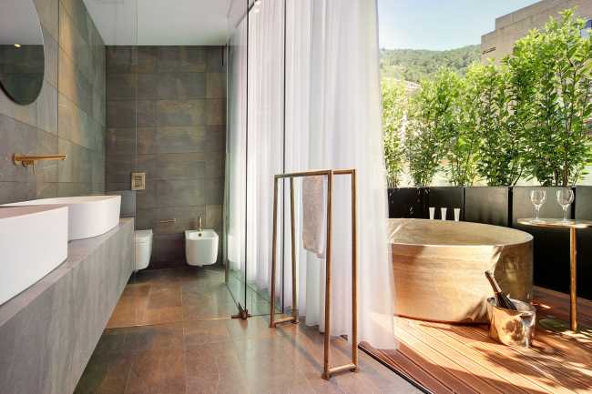Bathroom with luxury hotel balcony