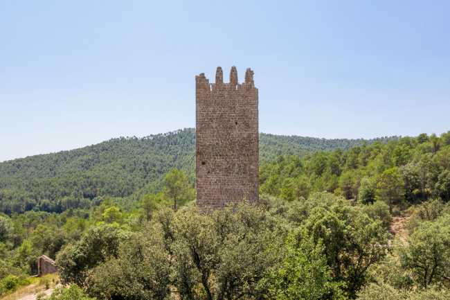 Tour en bois soutenant un vestige médiéval. Point de vue panoramique pour les visiteurs