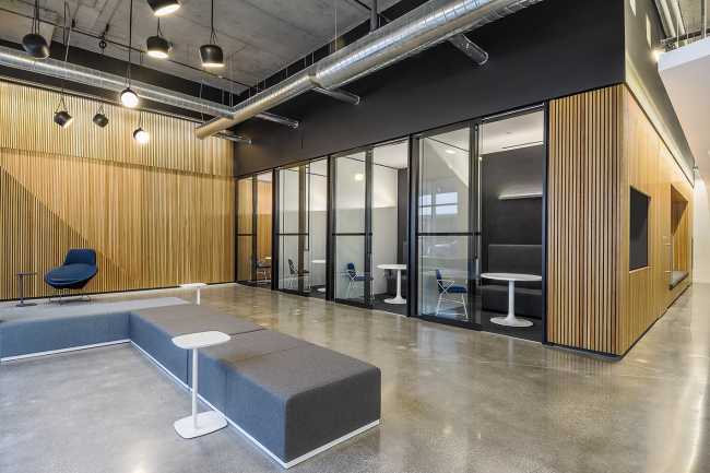 offices concrete floor wood cladding and glass walls