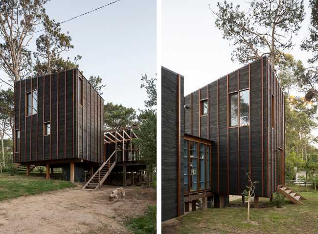 Wooden house in the forest wooden bands on the facade