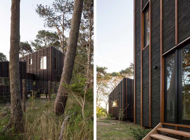 Wooden house in the forest wooden bands on the facade
