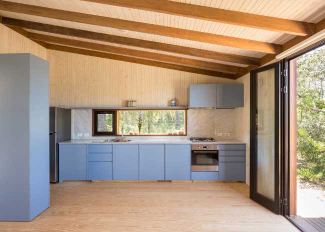 Wooden interior blue kitchen
