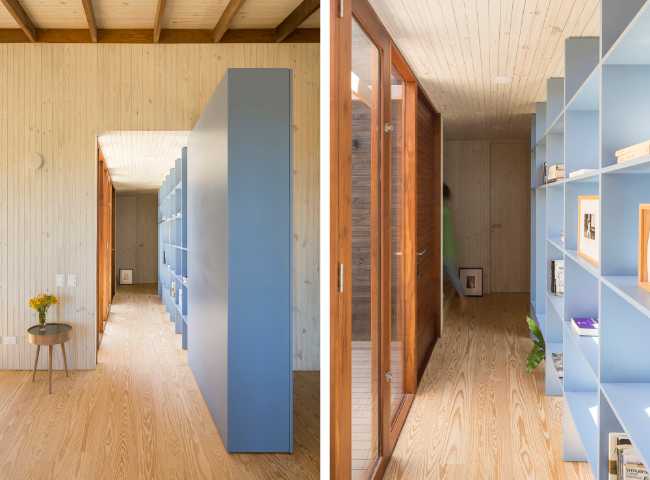 Interior wooden kitchen and blue shelves
