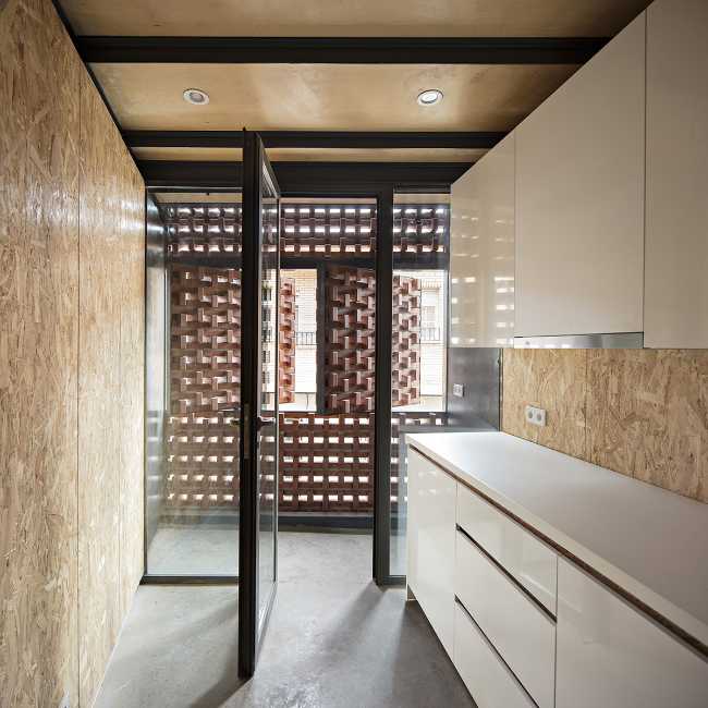 Interior in ceramic facade wood