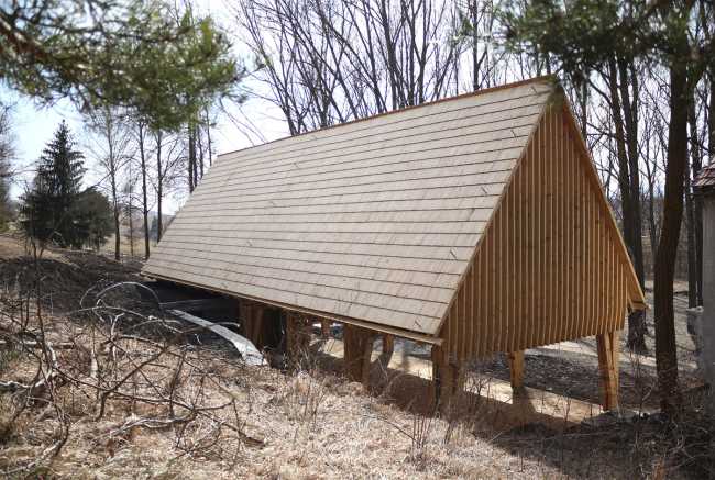 Log cabin wooden gable roof