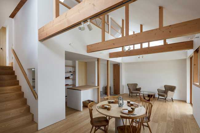 wooden house with exposed beams