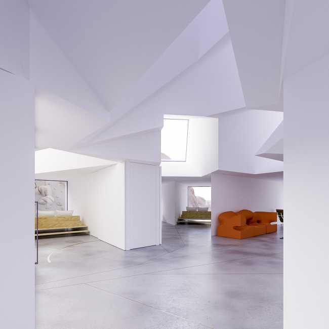 struttura container bianchi pavimento in cemento vetrate