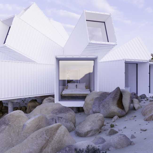 struttura container bianchi villa nel deserto aperture varie altezze