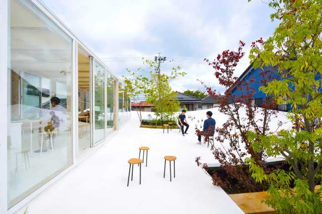 tetto piano struttura legno patio con giardino vetrata