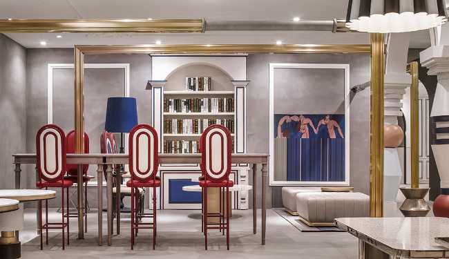 co-working hall atrio imbottiti finiture metalliche oro