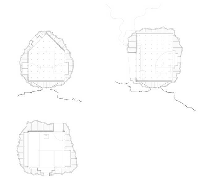 sezione modulo abitativo cemento interno rivestimento e arredi a scomparsa in legno