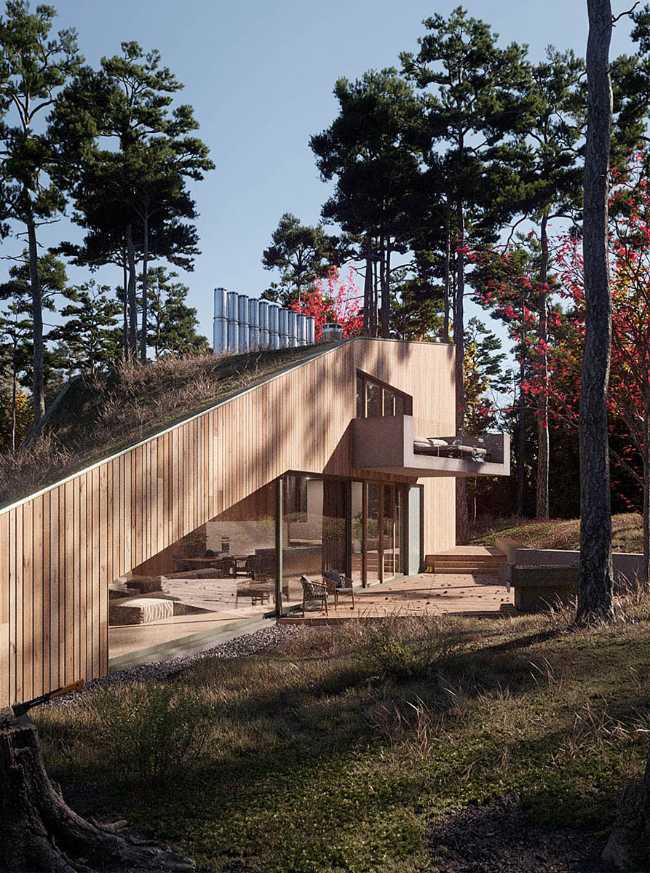 Progetto rivestimento facciata legno mattoni rossi tetto spiovente giardino