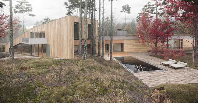 Progetto rivestimento facciata legno mattoni rossi piscina