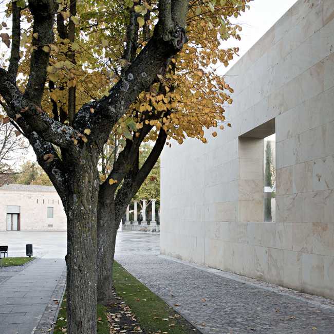 Fenced office building and stone flooring