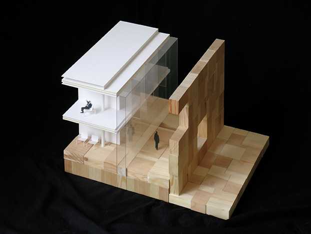 office building glass facade continuous stone paving model
