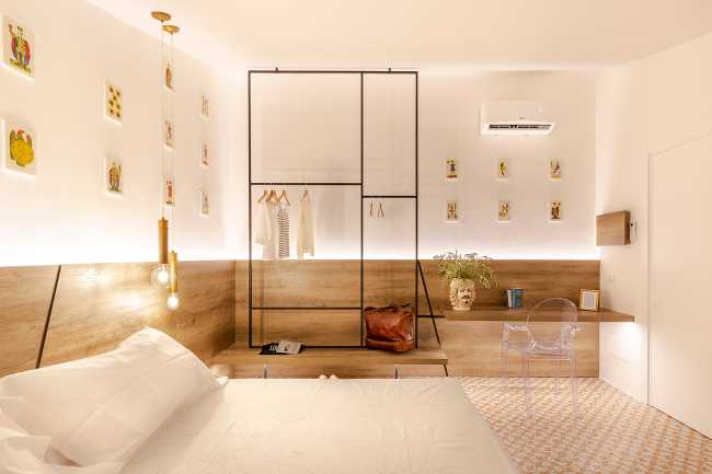 B&B bedroom ceramic floor wall panel wood furniture metal