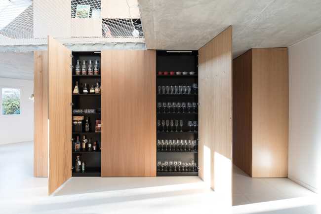 estructura madera roble pared muebles contenedor