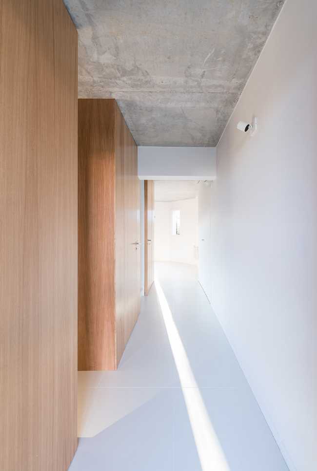 estructura madera roble pared muebles contenedor techo de hormigón vista