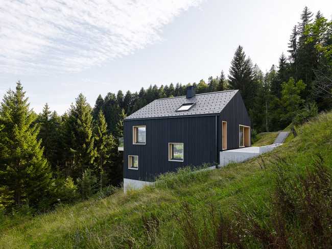 Maison de vacances en bois massif. La forme et la couleur interagissent avec les bâtiments environnants