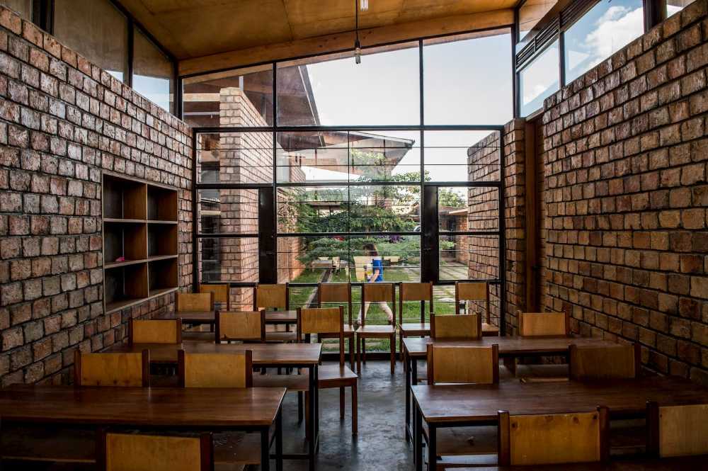 University residence structure wooden brick study hall glazed