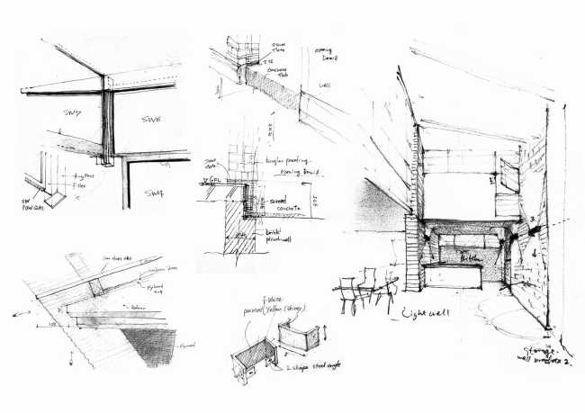 University residence structure brick wood sketches