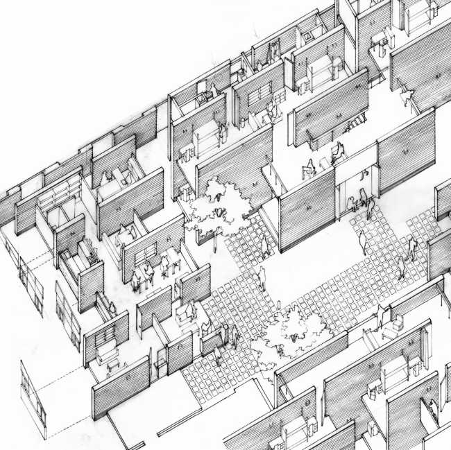 University residence structure brick wood 3d