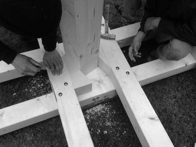 Japanese pavilion structure wood and cardboard construction base