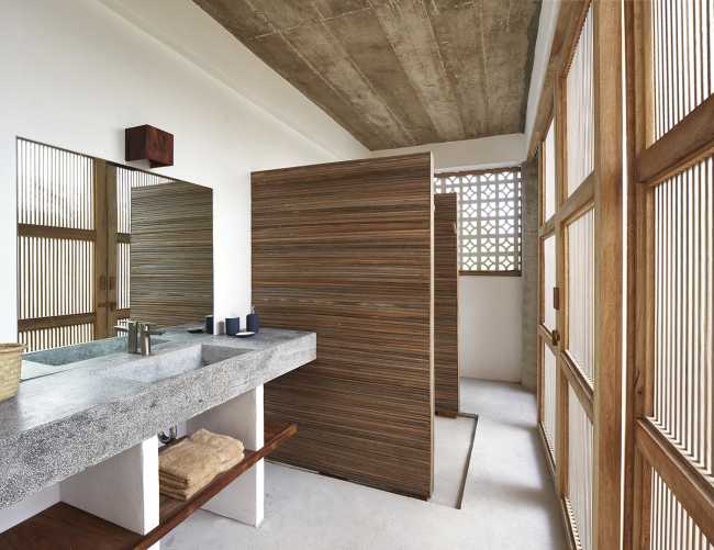 Bathroom with wood and concrete