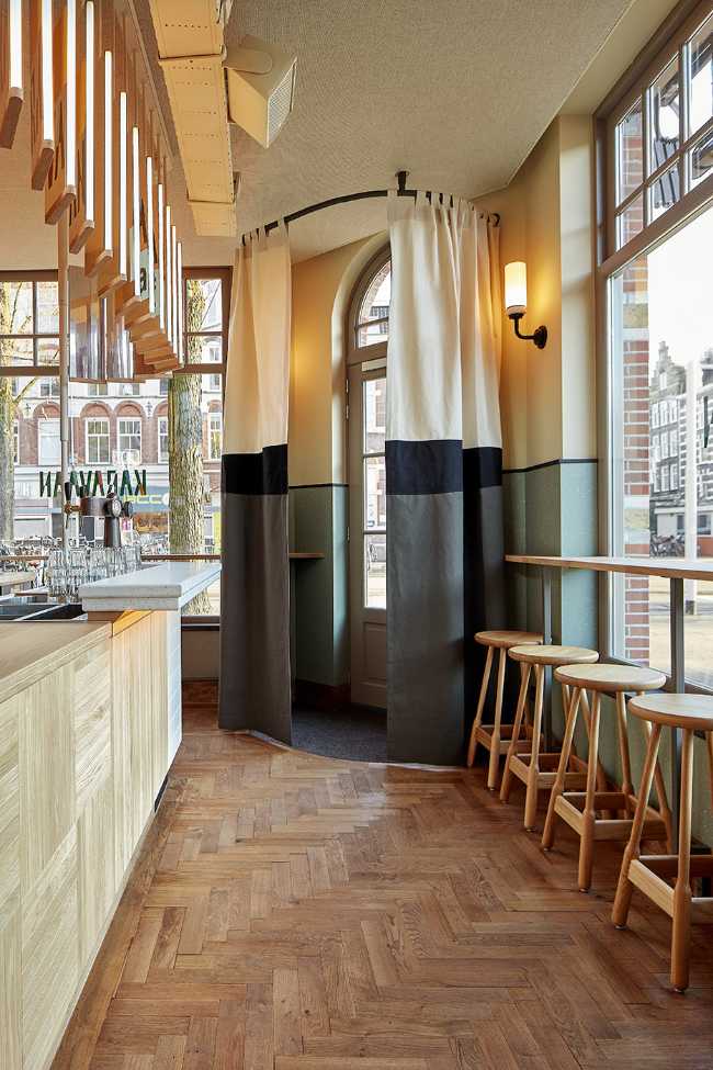 cafeteria amsterdam stools wood curtain entrance