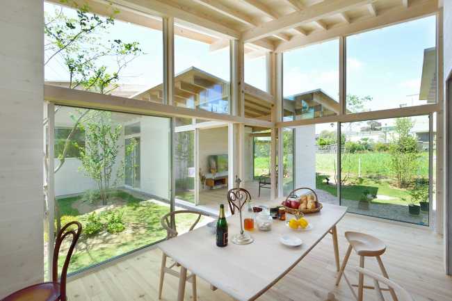Wooden house inside with windows to the outside