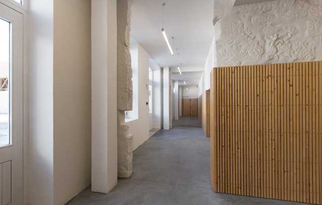 Interior historical stone and wood complex