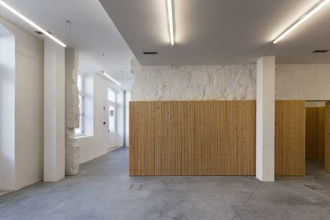 Interior historical stone and wood complex