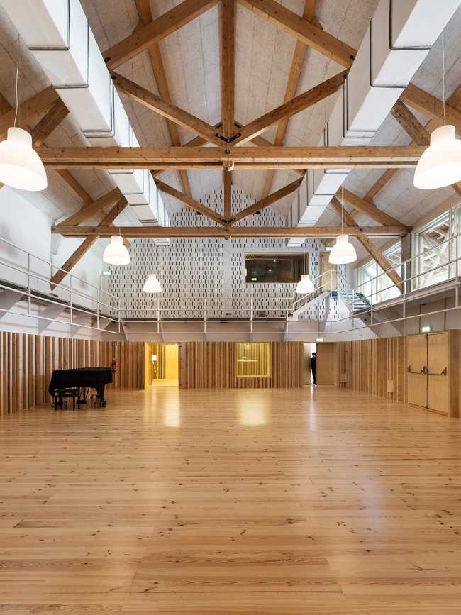 Interior hall with wooden trussesInterior hall with wooden trusses
