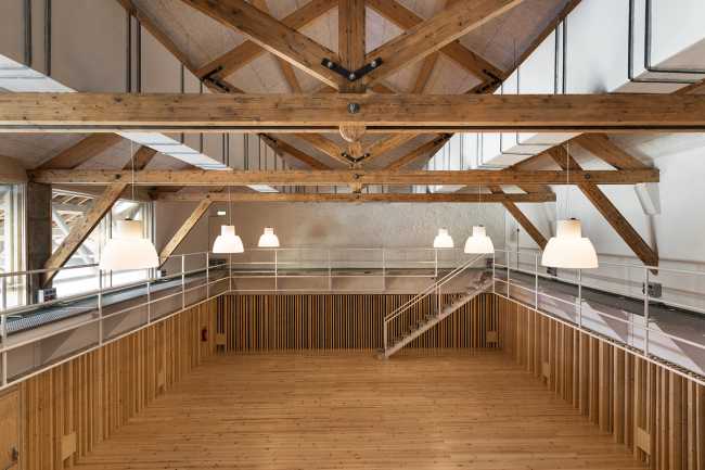 Interior hall with wooden trusses